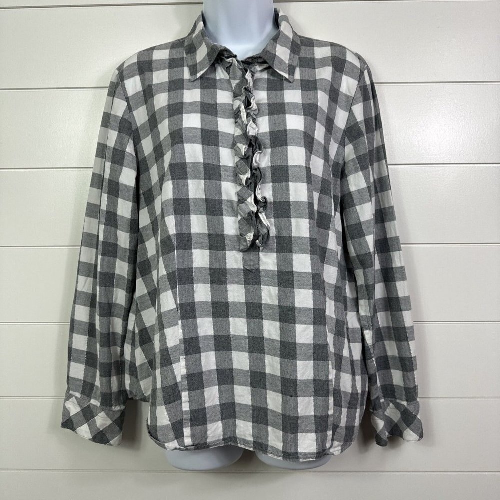 Talbots Checked Pattern Ruffle Button Front Shirt Gray White sz 14